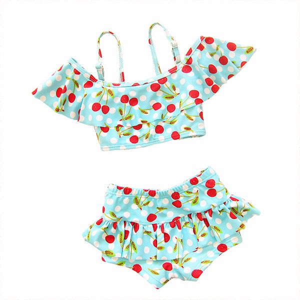 Wholesales Kids Beachwear Beach Baby Swimsuits Korean Kawaii Girls Swimsuit Set Two Piece Cartoon Cherry Printed Beach Swim Wear