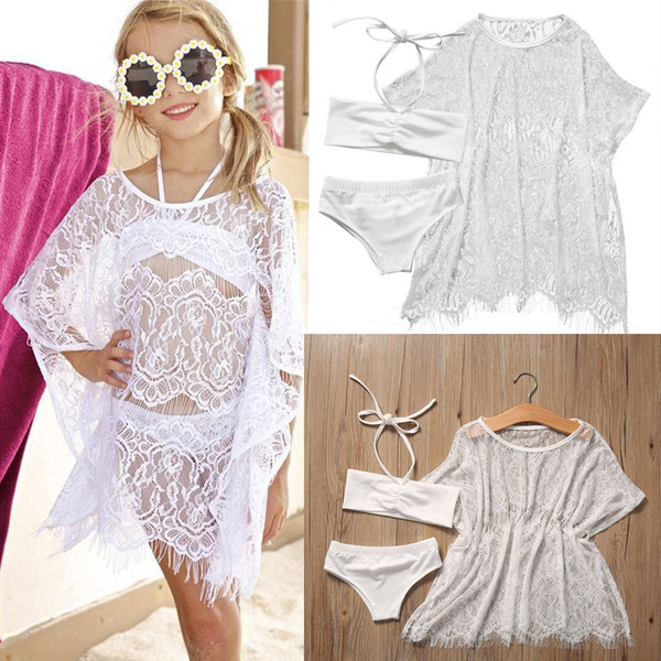 Toddler Baby Girls solid halter Beachwear Lace Blouse Dress Bikini Set Beach Bathing Suit Swimsuit Swimwear Outfits beachwear