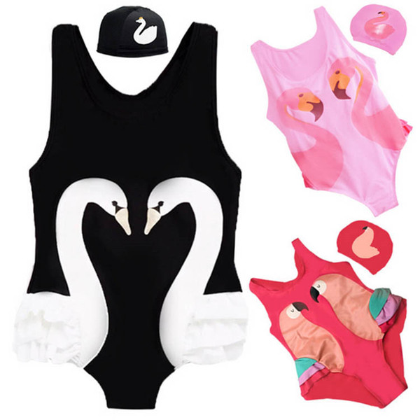 Fashion Baby Girl Flamingo Swimsuit One Piece Swimwear Kids Parrot Swan Flamingos Swimsuits Black Swan Pink Flamingo Swimsuit With Cap