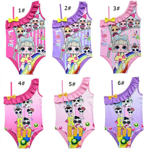 Cartoon Surprise Dolls Swimsuit Baby Girls Swimwear Summer Ruffle Bow Swimming Suit Kids Designer One Piece Swimsuit Beach Clothes A21904