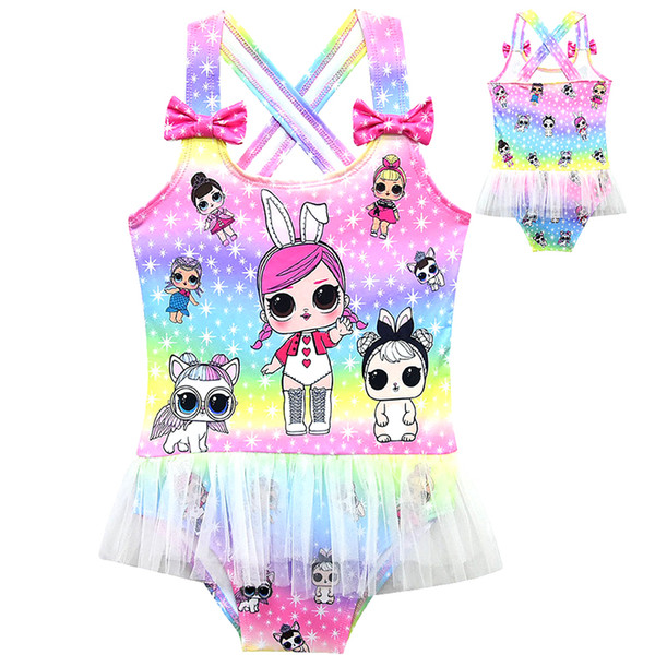 2019 new styles lol creative child one-piece swim rainbow pattern cartoon dolls girl Swim kids swimwear wholesale