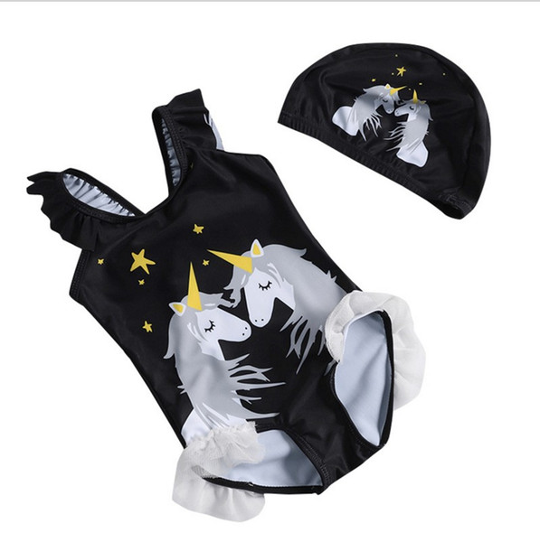 1-8T unicorn chid swimwear summer one-pieces baby girl bathing wear beach black pink one-piece with Swimming cap