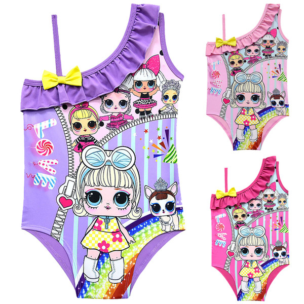 Cartoon Surprise Dolls Swimsuit Baby Girls Swimwear Summer Ruffle Bow Swimming Suit Kids Designer One Piece Beach Clothing