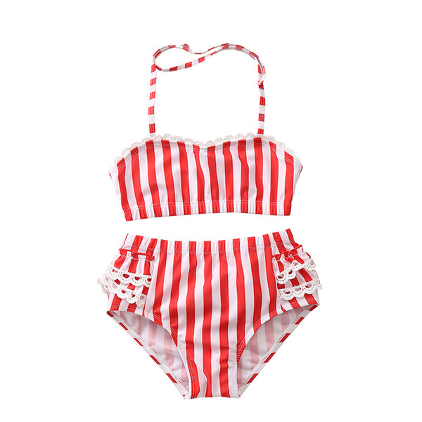 Summer Beachwear Baby Girls Red white stripe print swimwear 2019 summer fashion children Bikinis kids Swimsuit