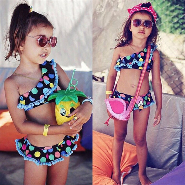 2018 new summer Kid Baby Girls Tankini Bikini Set ruffles strap Dot Print lovely kid Swimwear Swimsuit Bathing Suit Costume 2-7Y Beachwear