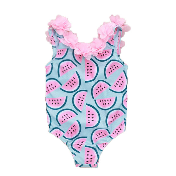 Kids Girl One-Pieces Watermelon Printing Petal Edge Round Collar Sleeveless Swimsuit Floral Pig Baby Girl Swimwear