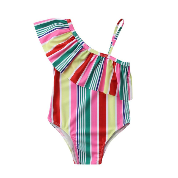 Children Swimwear Summer Kids Swimsuit Girls Bikini Beach Rainbow Stripe Straps One Piece C5