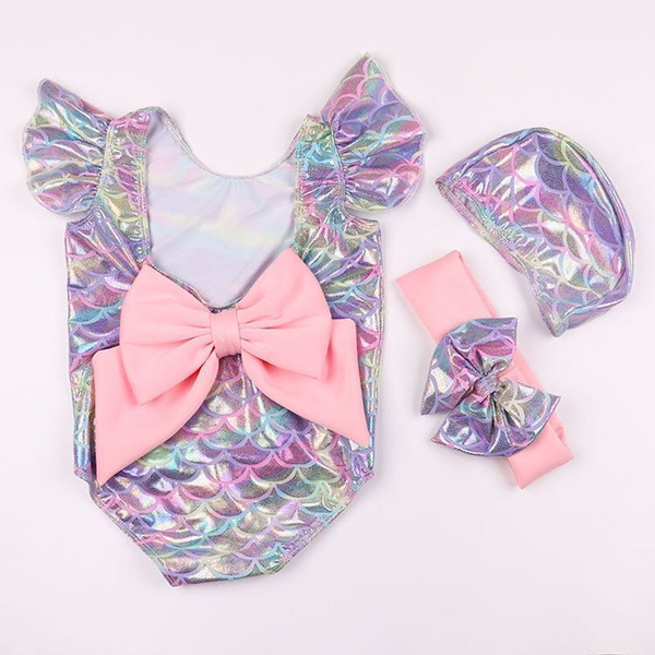 Kids Girl Mermaid Scale Swimwear One-piece Ruffle Sleeve Backless Big Bowknot With Hat Headband Swimsuit Bodysuit A-753