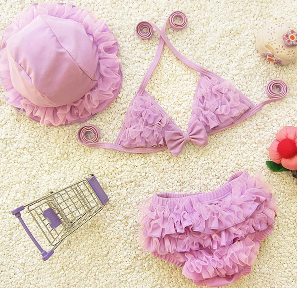 New Baby Girl Bikini Set Kids Girls Swimwear Baby Swimsuit Ruffle Bow Princess 3pcs Outfits Children Swimming Suit With Cap