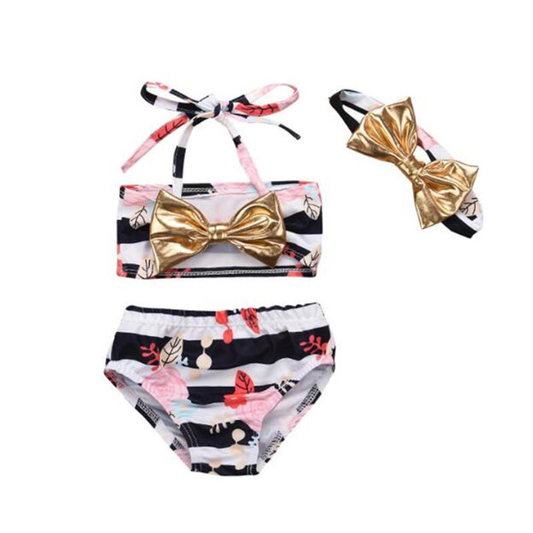 INS Baby swimsuits stripe kids swimwear 2018 new cartoon Bow children Bikinis 3pcs/set