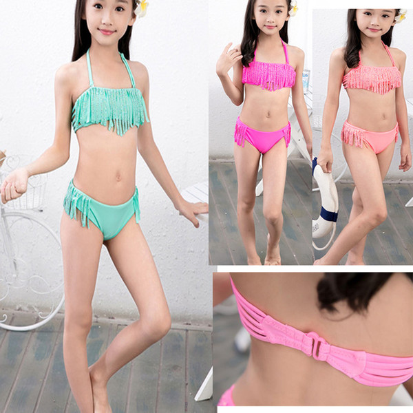 Quality Kids Swimwear Bikini Girls Swimsuit Baby Stripe Skirt Dresses Shoulder Less Princess 2 piece Children Bikini beach wear 7-16Y YY017