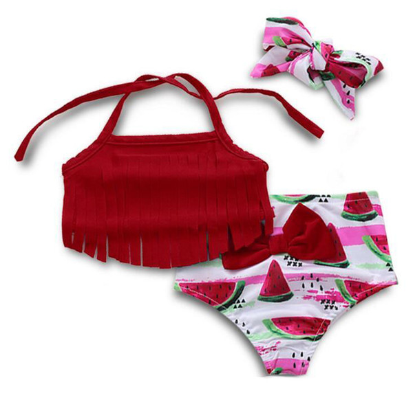 Children Swimwear baby girls Sling tassel top+ watermelon print shorts with Bow headband 3pcs/set 2019 summer Bikini Kids Swimsuit