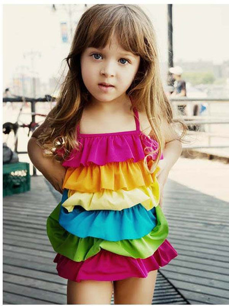 2016 Rainbow color swimwear girl kids beach bikini dress girls ruffles swimsuit colorful one-piece swimsuit bathing suit V15043006