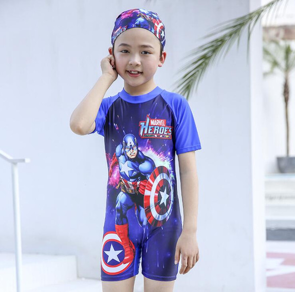 Baby boys one-piece swimsuit with cap spiderman Captain America Hulk Iron Man super hero children boy bathing suit kids swimwear 5 style