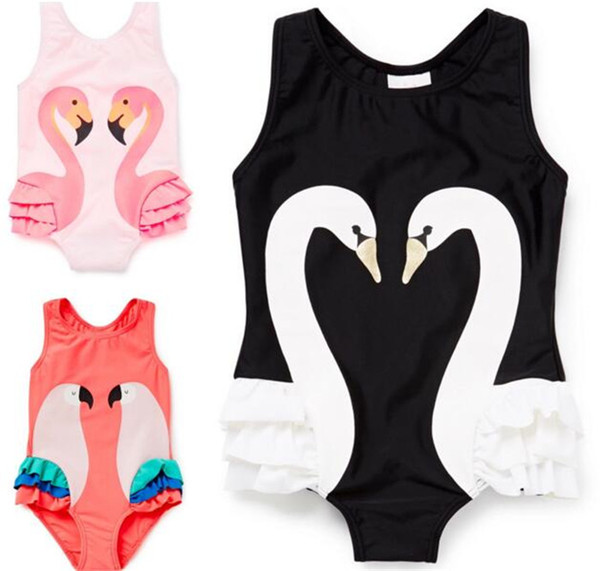 One-piece Kids Girls Baby Swimwear Black Swan Pink Flamingo Melon Parrot Swimsuit Bathing Cap Princess Dresses Clothing Y145