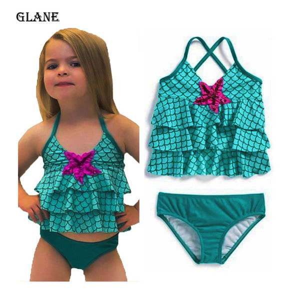 Two-Piece Little Girl Mermaid layered Halter Swimsuits Baby Girls Bikini Suit Swimsuit Swimwear Bathing Swimming Costume Swimmer