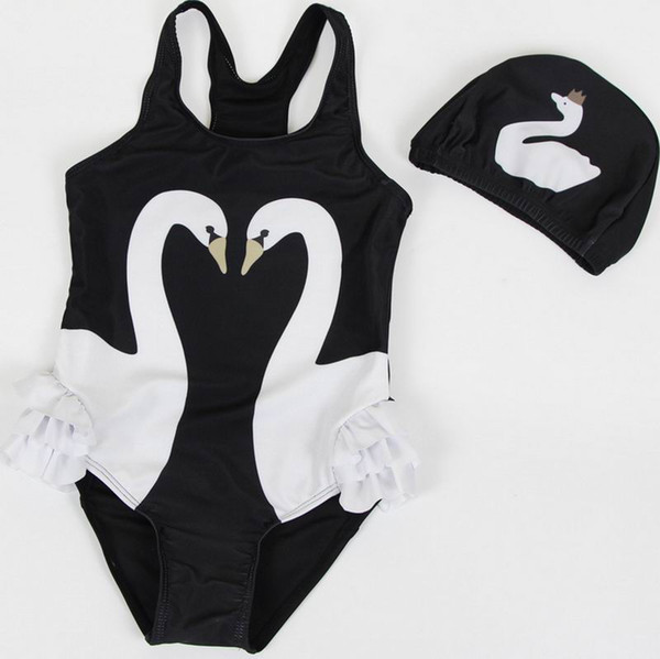 Retail Summer New Girl Swimwear WIth Hat Swan Parrot Flamingo Cartoon One Piece Children Swimming Suit 0-9T 10011