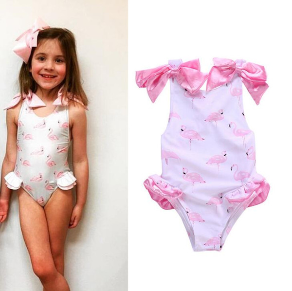 Hot Summer Baby Girls One-piece Swimsuit Swan Flamingo Printed Bow Sleeveless Swimwear Kids Children Swimming Suit W189