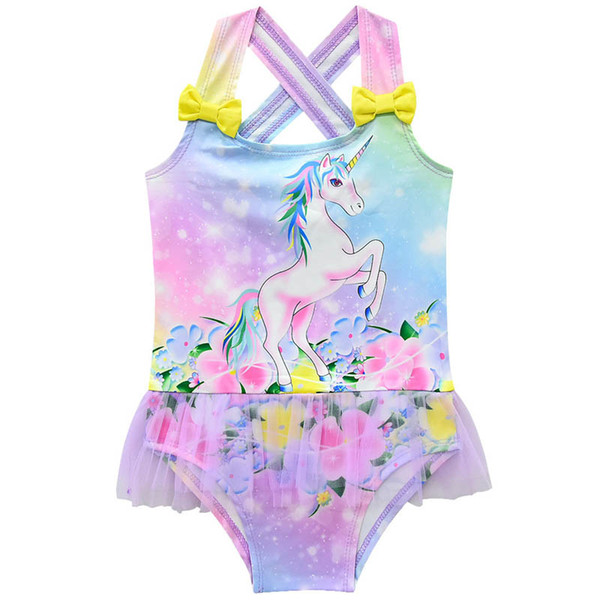 Unicorn Kids Swimwear lace floral Girls Swimsuit sweet One-piece Girls Swimwear Kids Bathing Suits Child Sets Beachwear A4556