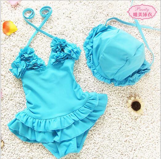 2016 Kid Baby Girls One-piece Bathing Swimwear Swimsuit Bikini Dress with cap hot springs swimsuit Skirt Bathing Suits