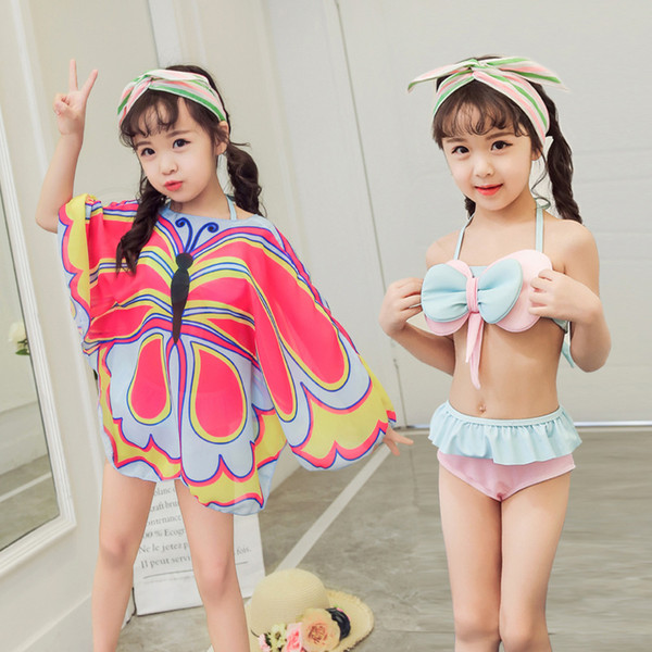 Little Girls Swimming Suits Children 3 Piece Butterfly Swimwear Baby Girl Bikini Bathing Cloth Kids Beach Sun-Proof Swimming Clothes