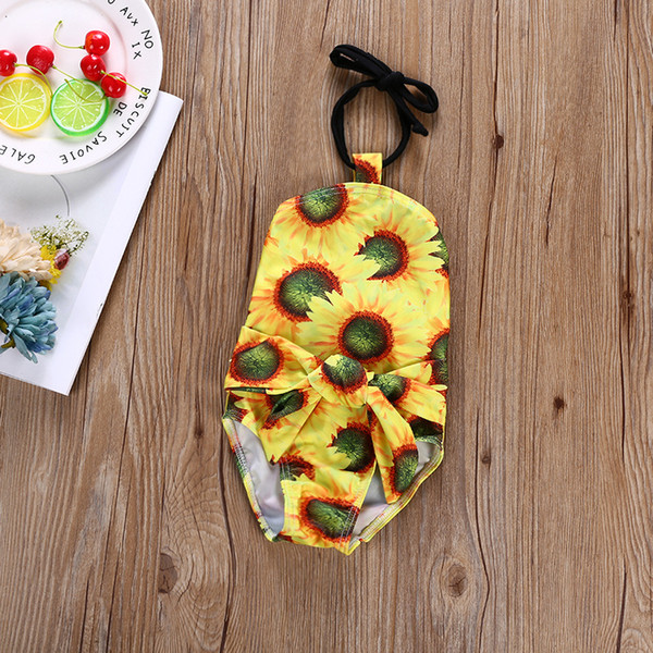 Children's Swimsuit Cute and Lively Female Baby Sunflower Print Milk Silk Swimsuit Backless One-piece Bow Neck Swimwear