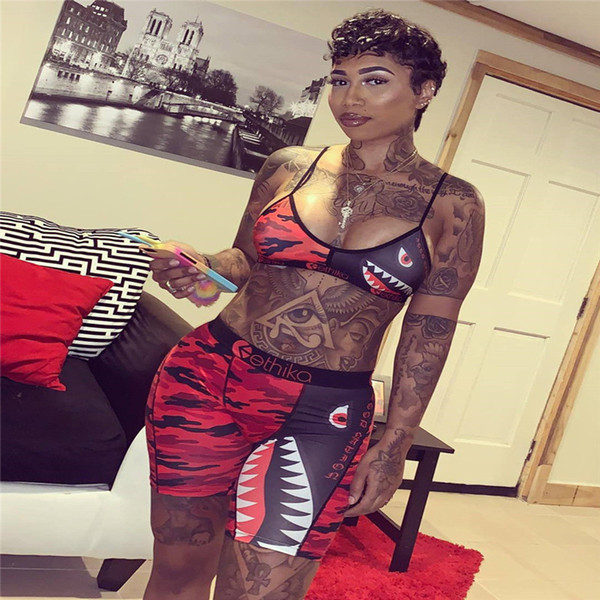 2019 Ethika Swimwear Women's Tie up Bra +Shorts Swimming Trunk Pants 2 Piece Tracksuit Patchwork Shark Camo Color Swimsuit Bikini Set A21804