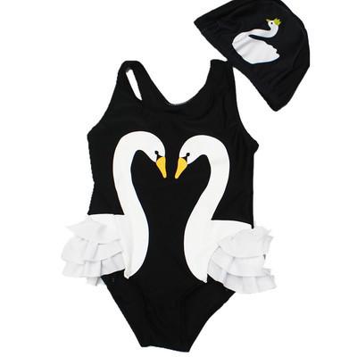 Girls swan one piece swimsuit cap swimwear beach sport swimsuit bikini girls beachwear set