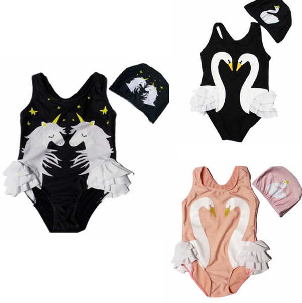 Baby Girls Swimwears Unicorn Girls Swimsuits Hat 2pcs Sets Kids Bathing Suits Bikinis Summer Kids Clothing Unicorn Swan Optional DHW2915