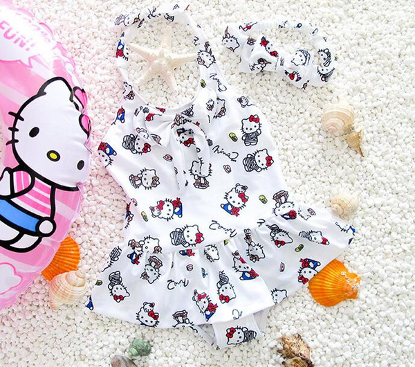 Kids Princess 1 Piece Halter Swimsuit Cute Kitty Cat Printing Baby Girls Swimwear Bikini Children Beach Swimming Clothing Costumes