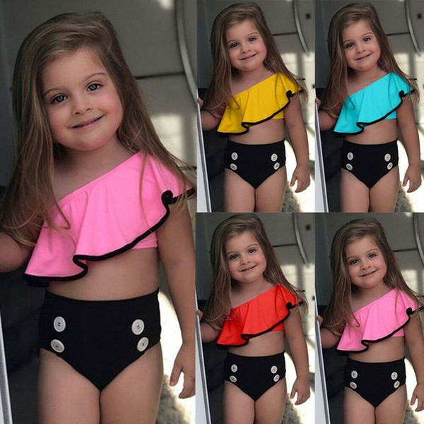 Kids Girls Princess Swimsuit One-shoulder Ruffles Solid Color Bikini Set Toddler Kid Baby Girl Summer Swimwear Beachwear 1-6Y