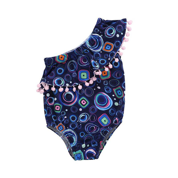 Girls geometry circle pattern sloping shoulder pompons swim wear cute kids beach swim suit blue summer swimming clothing 1-4T