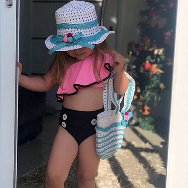 Children Swimwear baby girls Fabala One Soulder Off Top+Buttons Shorts 2pcs Two-Piece Set 2019 INS New Summer Bikini Kids Swimsuit