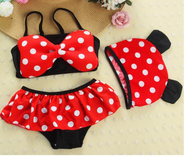 Ins dot polk swimsuit with Swimming Cap Swimming Trunk for girls Children Swimwear Baby Swim wear Kids Bathing suit 1-5T Hot MOUSE DESIGN