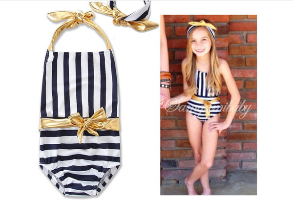 New children's clothing explosion models girls summer bikini blue and white striped hanging neck one-piece swimsuit + headwear set