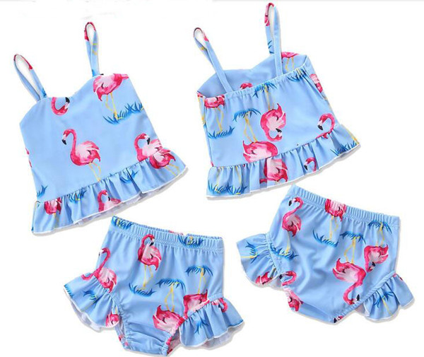 Summer new children's swimsuit girls blue sleeveless sling cartoon split swimsuit