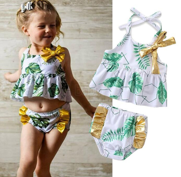 Summer new girls swimwear straps hanging neck bow shirt + leaf print shorts