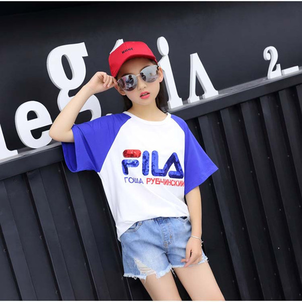 Japan Famous Brand Logo Kids Clothes Baby Girl T-shirt Sequins Bling Bling Summer Short Sleeves Tops for Baby Girl