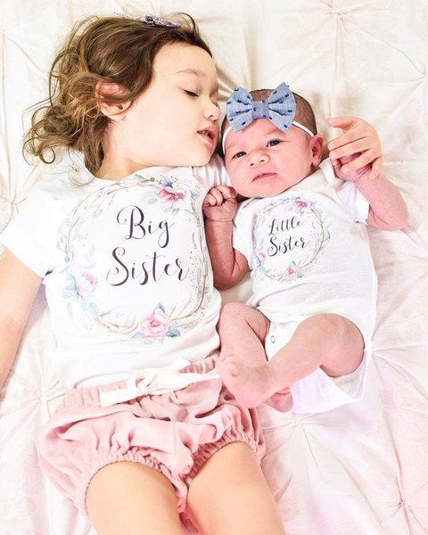 2017 Ins Summer Baby Girl Short Sleeve ''big sister'' Letter White T-Shirts Infant Girl ''little sister''Letter white triangle rompers