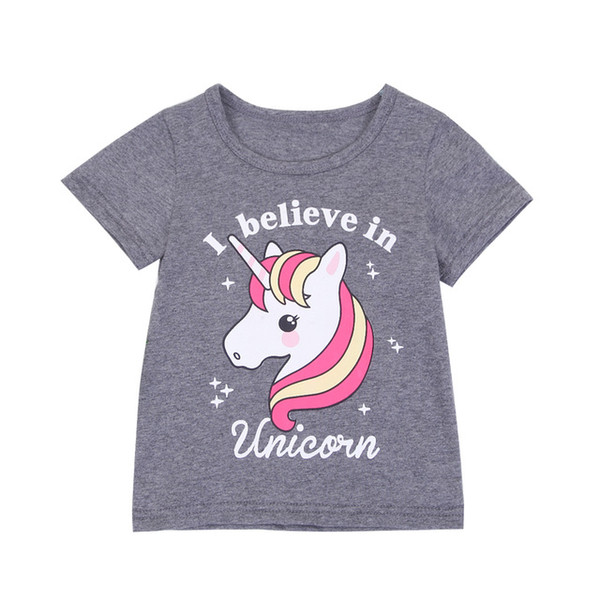 2018 Toddler Baby Girls Kids I bElieve In Unicorn Short Sleeves Gray T-shirts Tops Casual Tee Shirts Cute Summer Clothes 1-6Y