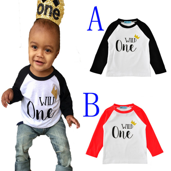 girl t-shirts brand letter wild one long sleeve boys girls t shirt tops 2017 new autumn crown kids t shirts for baby clothes birthday gifts