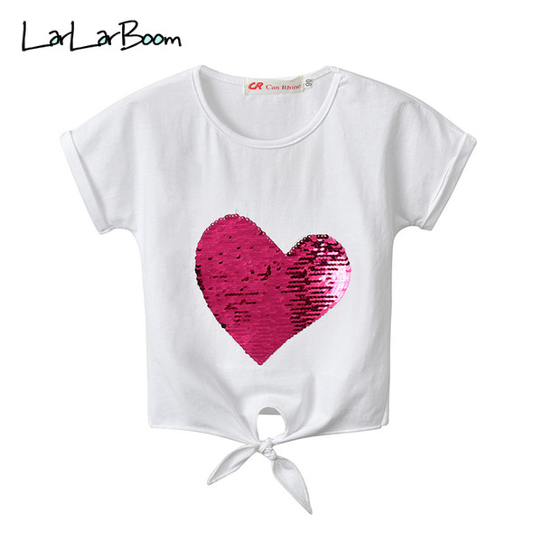 LarLarBoom Children's Tops Summer Short Sleeve Baby Girls Clothes Heart Sequins Bandage T-shirt 2019 New Casual Girl T-shirts