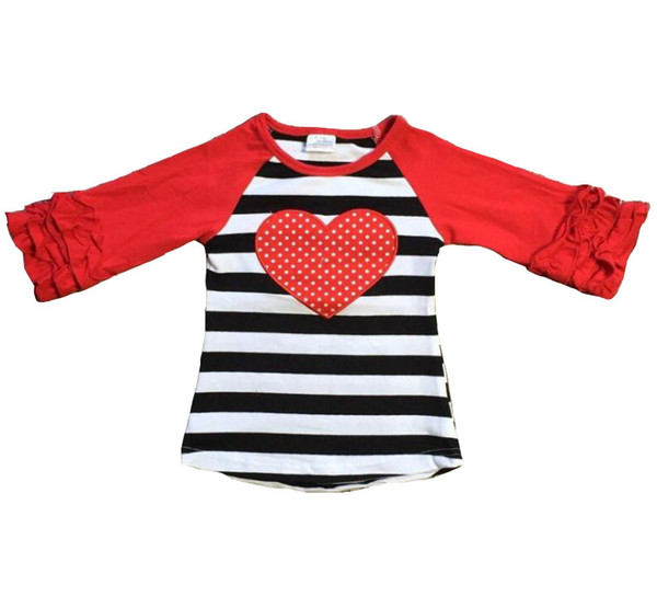 Wholesale baby girls clothes raglan top V-day raglan girls black stripes heart print top kids icing ruffle sleeve Valentine top