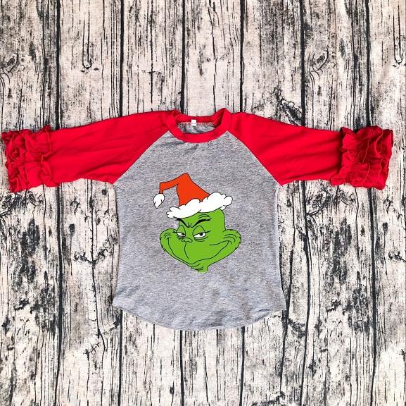 girls new style cotton grinch raglan shirt Children girls print top clothing girls grey top free shipping