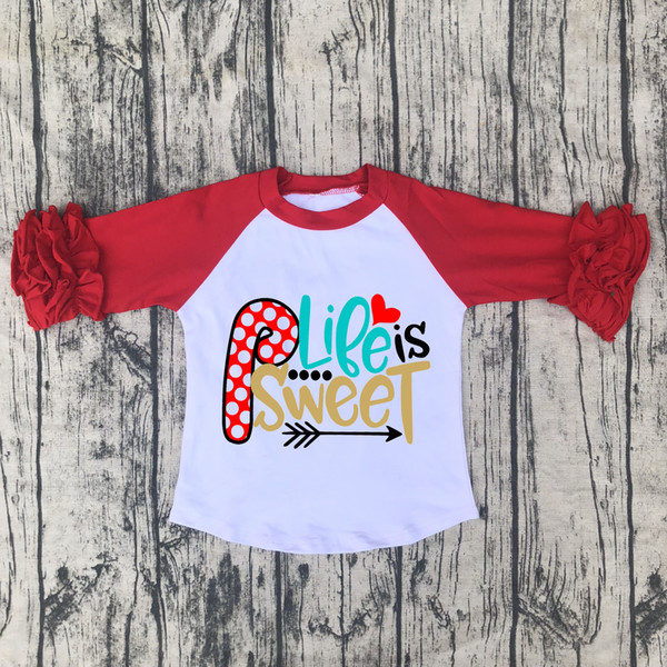 new style baby girls life is sweet raglan shirt kids boutique cotton icing ruffle tshirt children clothings chirstmas holiday tops