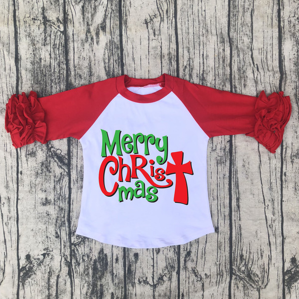 merry christmas baby girls prints raglan ruffle shirt kids boutique cotton icing tshirt children clothings holiday tops