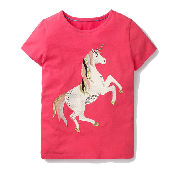 Baby Girls Tshirts with Unicorn Animals Appliqued Short Sleeve Summer Kids Tops 100% Cotton Baby Clothing 2-7T