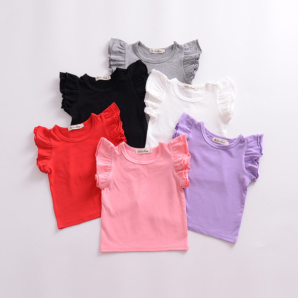 Kids Candy colors T shirts children Girls Tops ruffle sleeve cotton Tees 2019 summer Kids Clothing 6 colors C5710