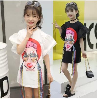 Big Girls T-shirt Kids Girls Clothing Mouth Beautiful Woman Printed Tassel Flare Sleeve Children Tops Summer Fashion Casual Dress B11