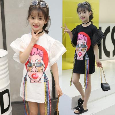 Big Girls T-shirt 2018 Kids Girls Clothing Mouth Beautiful Woman Printed Tassel Flare Sleeve Children Tops Summer Fashion Casual Dress